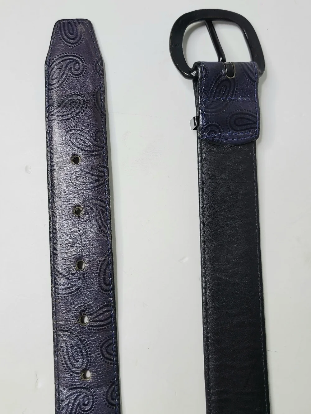 Just Jamie Tooled Paisley Navy Distressed  Italian Calfskin Leather Vintage Belt